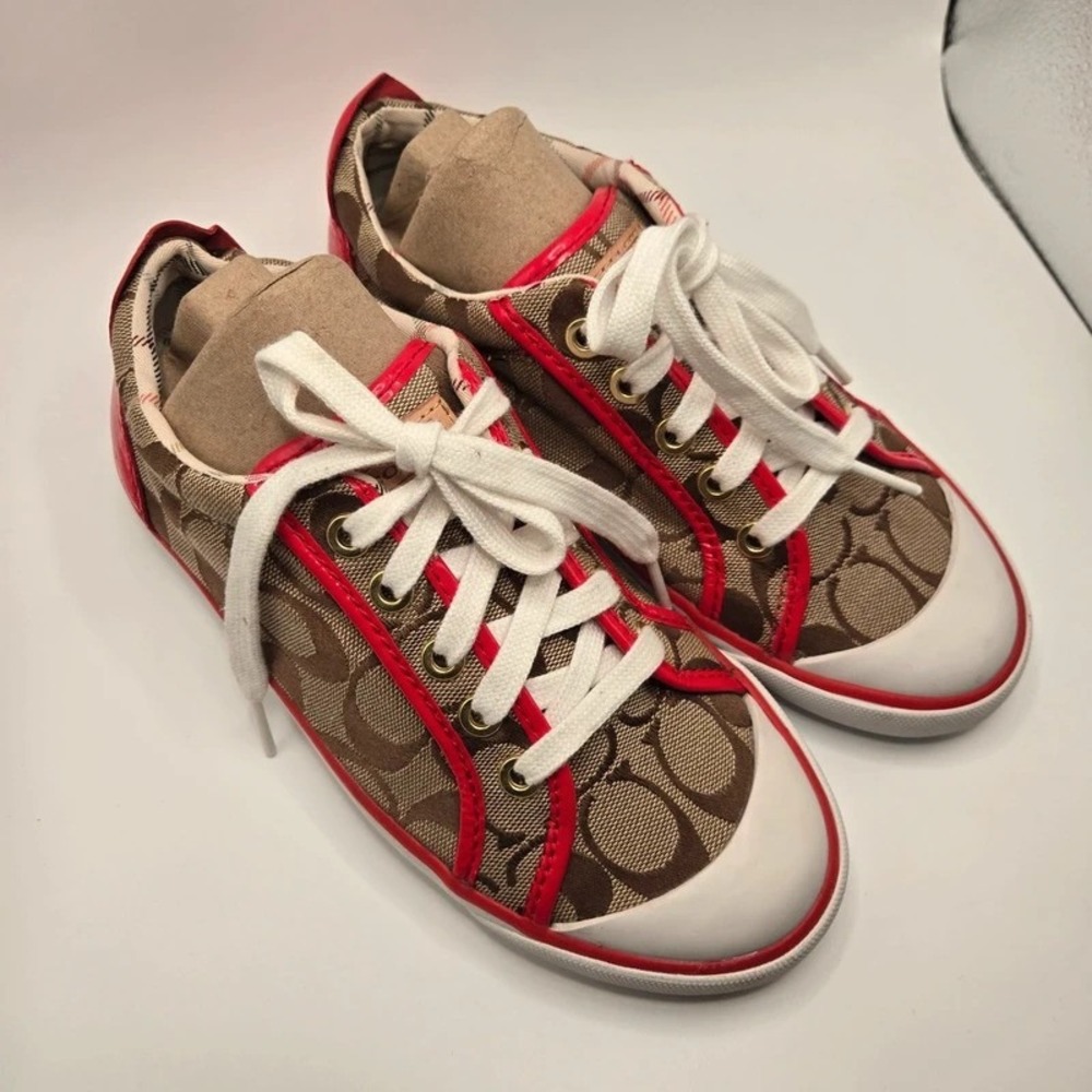 Coach Barrett Signature Canvas Sneakers Women 6B Khaki Brown Red Patent Shoes